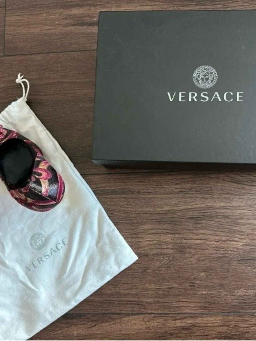 Versace Red, Gold & Black Brocade Pointed-Toe Jewel Pumps